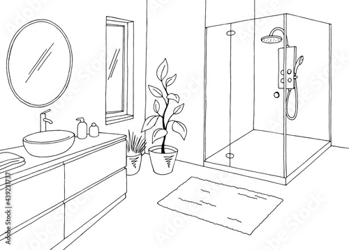 Bathroom graphic home interior black white sketch illustration vector 