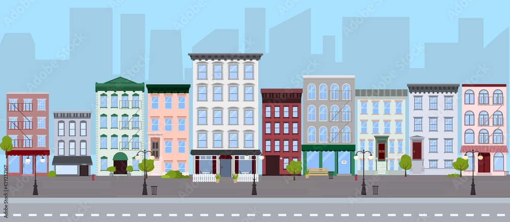 Flat vector illustration of summer city street with walk-up residential apartment buildings, houses, stores, restaurants on the road with cityscape background with skyscrapers. 