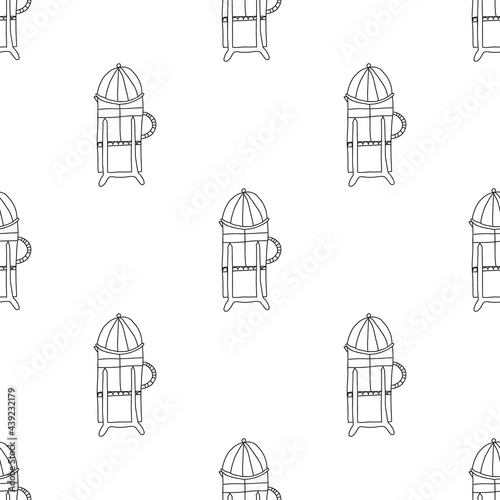 Vector illustration of seamless pattern of French press coffee pot. Hand drawn doodle style. White background.