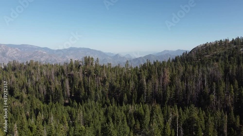 Drone footage of the High Sierras in the Sequoia National Forest.  Hiking and camping among the pine trees in the California mountain range. photo