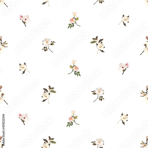 Vintage flowers. Seamless pattern. A branch of a blossoming tree. Flat vector isolated illustration. Pastel colors.