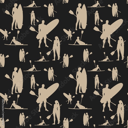 Seamless backgroung. Men and women with surf board