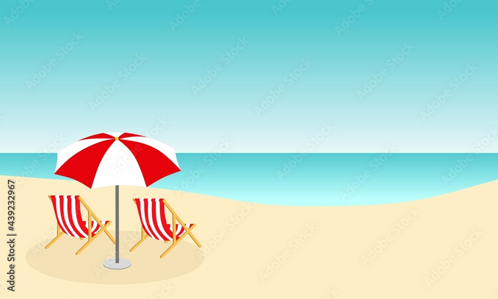 Banner layout, beach with chairs and umbrella, summer vacation and international picnic day theme, with text space, as summer sale background, banner, poster or template.