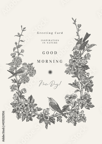Card with floral wreath and warblers.