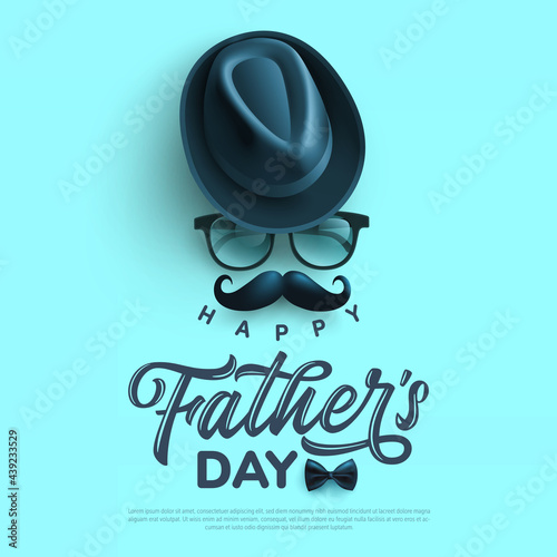 Father's Day poster or banner template with symbol of Dad from hat,glasses and mustache.Greetings and presents for Father's Day in flat lay styling.Promotion and shopping template for love dad