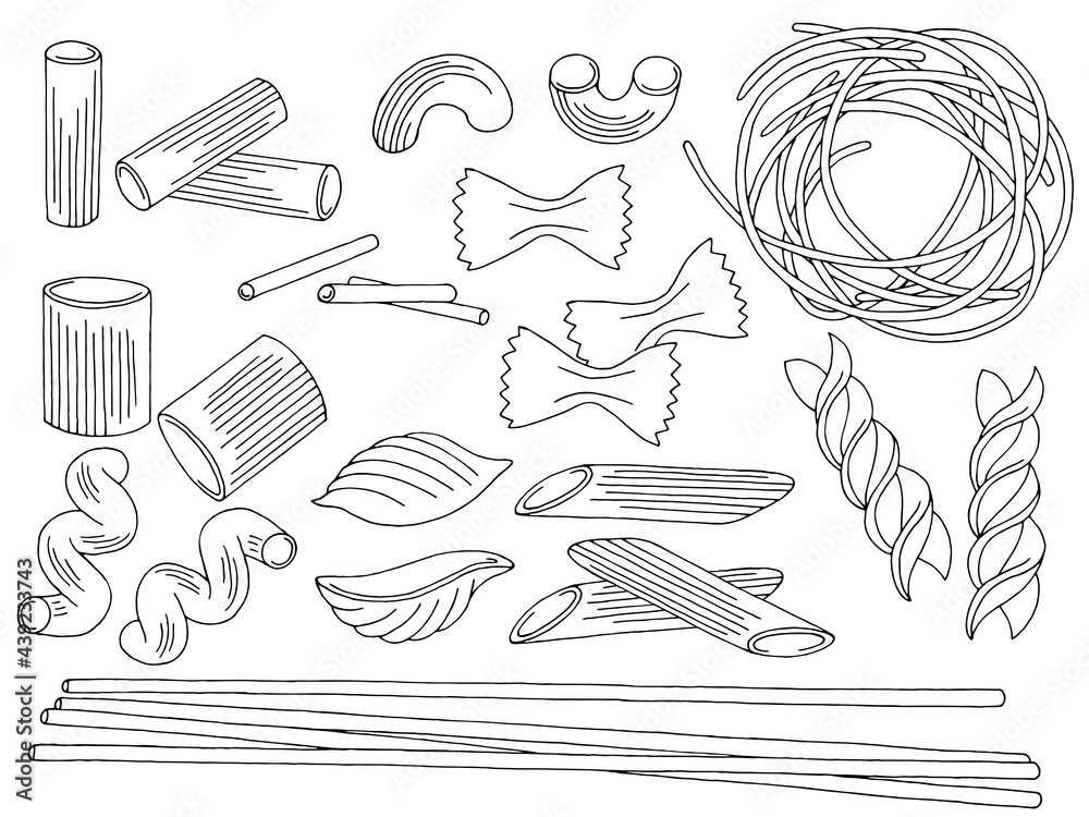 Pasta set graphic black white isolated sketch illustration vector Stock