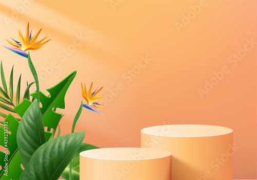 3d background products display podium scene with green leaf geometric platform. background vector 3d render with podium. stand to show cosmetic products. Stage showcase on pedestal display pink studio