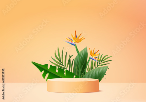 3d background products display podium scene with green leaf geometric platform. background vector 3d render with podium. stand to show cosmetic products. Stage showcase on pedestal display pink studio