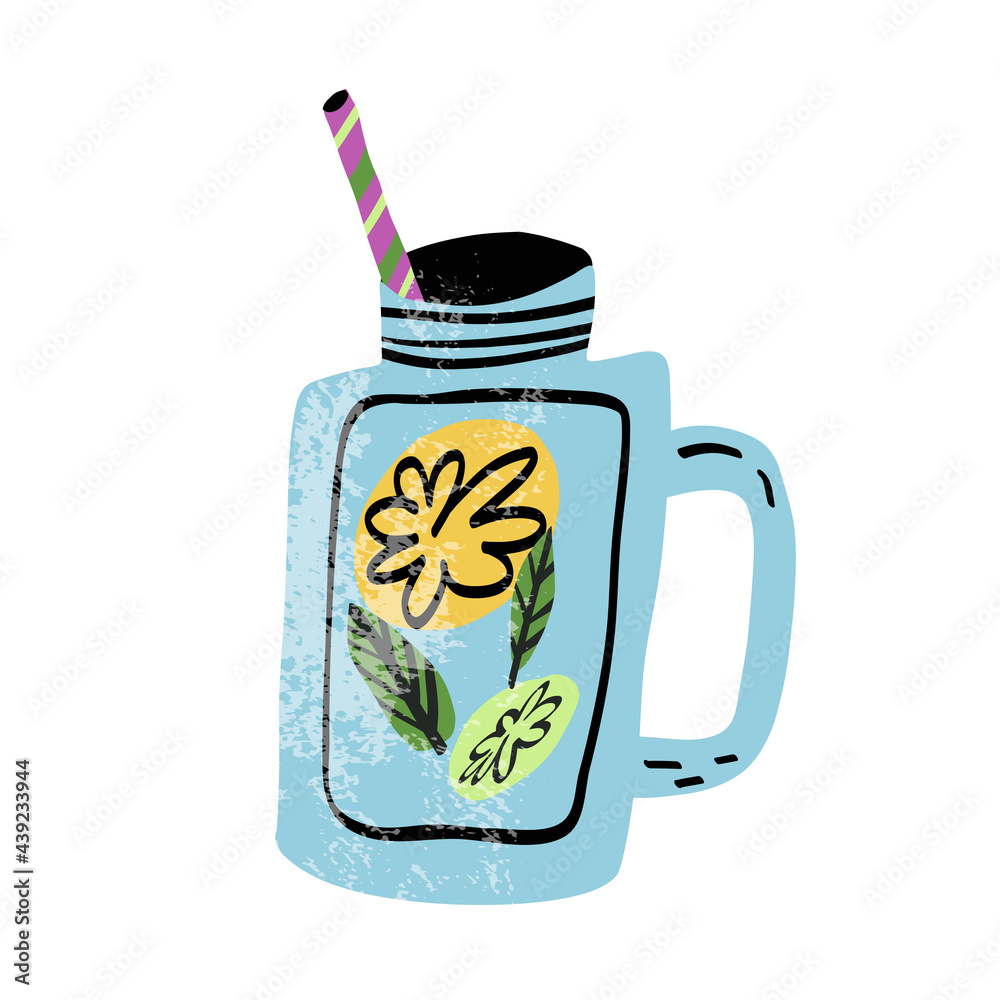 Trendy refresher summer cocktail, ice tea in mason jar with straw.Cute cartoon vector isolated illustration with texture Trendy refresher summer cocktail, ice tea in mason jar with straw.Cute cartoon vector isolated illustration with texture