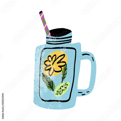 Trendy refresher summer cocktail, ice tea in mason jar with straw.Cute cartoon vector isolated illustration with texture
