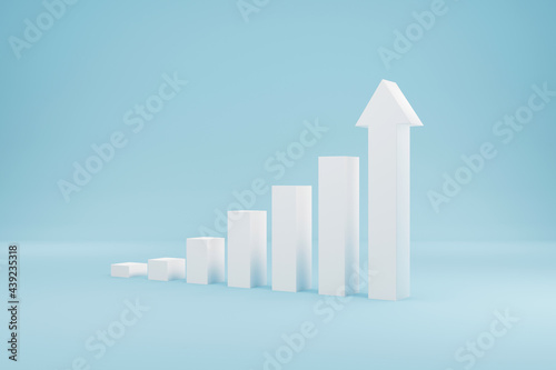 Arrow graph sign growth step staircase moving up on light blue background. Business development to success and growing annual revenue growth concept. 3d illustration