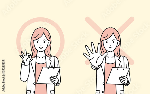 医者　女医　薬剤師　ドクターストップ　カウンセラー　白衣を着た女性　正解と間違い　イラスト素材