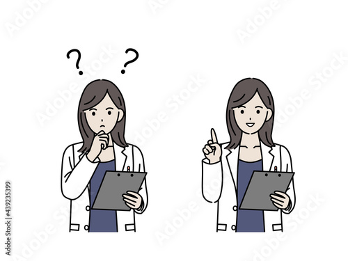 医者　女医　薬剤師　カウンセラー　白衣を着た女性　疑問　考える　アイデア　閃く　ポーズ　イラスト素材