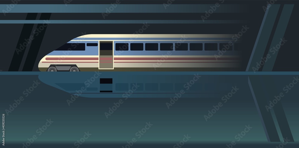 High-speed train Suburban and urban underground transport. Railway with a locomotive. Station Metro. Dark illustration. Flat style design. Vector High-speed train Suburban and urban underground transport. Railway with a locomotive. Station Metro. Dark illustration. Flat style design. Vector