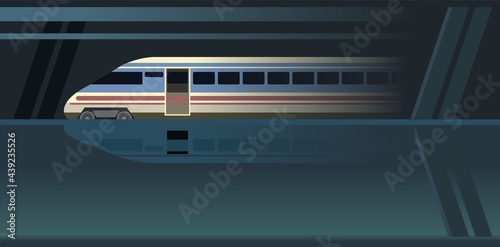 High-speed train Suburban and urban underground transport. Railway with a locomotive. Station Metro. Dark illustration. Flat style design. Vector