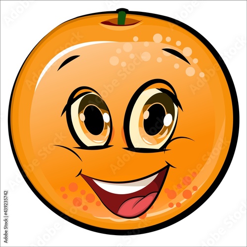 Orange cheerful smile. Juicy red fruit with a muzzle. Cartoon style. Isolated over white background. Vector illustration.