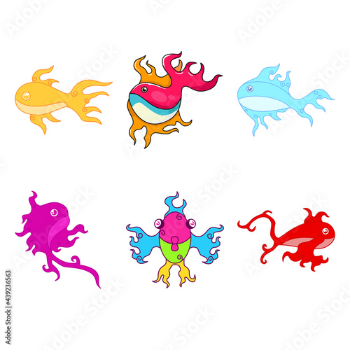 six fish illustrations  beautiful and colorful. yellow pink blue purple and red