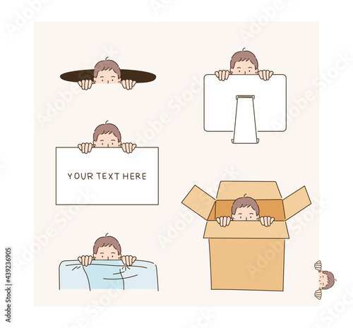 A person hiding using various object. hand drawn style vector design illustrations. 