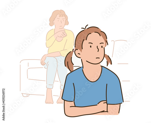 The mother is nagging and the daughter has an angry expression. hand drawn style vector design illustrations. 