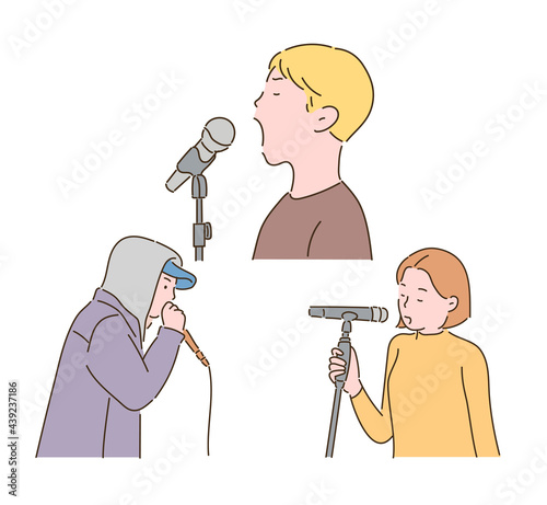 People are singing with microphones. hand drawn style vector design illustrations. 