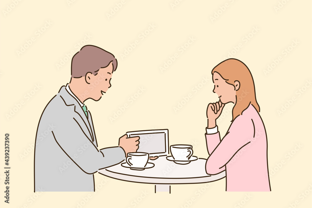 Two business partners are having a meeting while sitting at the table. hand drawn style vector design illustrations. Two business partners are having a meeting while sitting at the table. hand drawn style vector design illustrations.