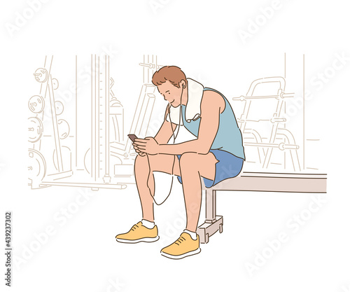 A man in a fitness center is listening to music while resting during a workout. hand drawn style vector design illustrations. 