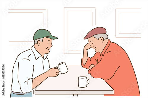 Two friends are sitting facing each other at a table, drinking coffee and talking. hand drawn style vector design illustrations. 