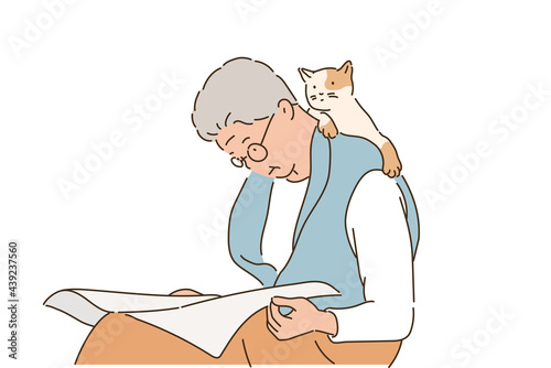 The grandfather is reading the newspaper and the cat is sitting on his shoulder. hand drawn style vector design illustrations. 