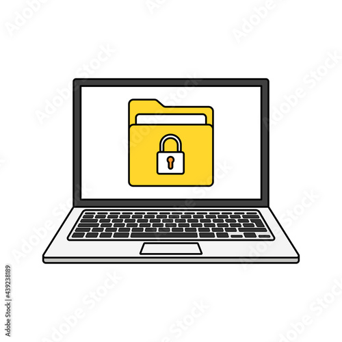 Laptop with file protection on the screen. Data security and privacy concept. Safe confidential information. Vector illustration.