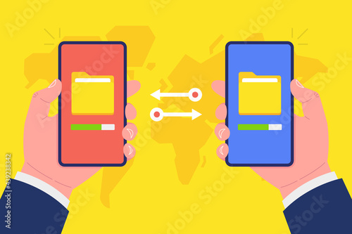 Two hands holding phones and transferred documents. Transfer files between devices. Vector.