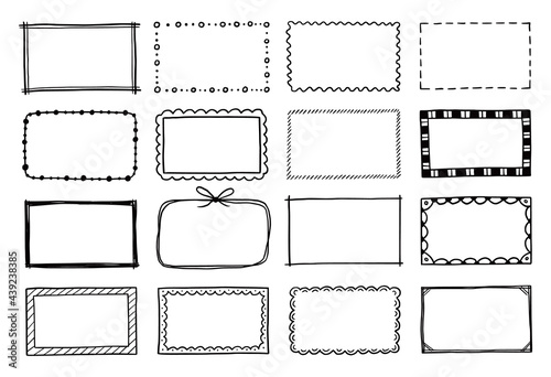Hand drawn set of rectangle frame. Doodle sketch style. Frame with scrawl and scratch border. Vector illustration.