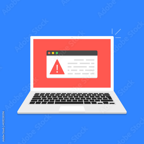 Laptop with error message on the screen. Concept of virus, piracy, hacking and security. Vector illustration.