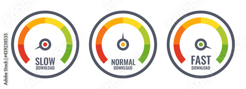 Speedometers with slow normal and fast download. Vector illustration.