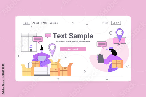 courier delivering parcel to woman customer online delivery service concept horizontal copy space
