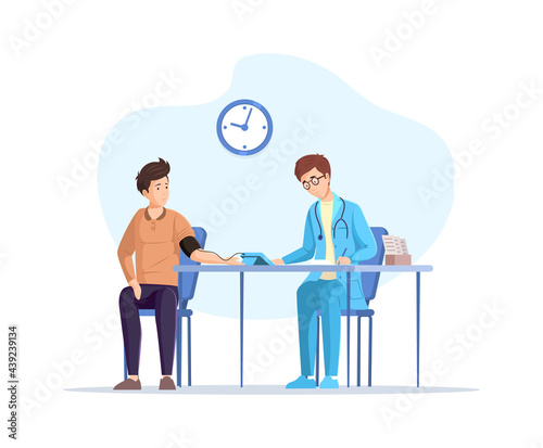Male doctor and patient measure blood pressure at hospital. Clinical analysis and diagnostic tests