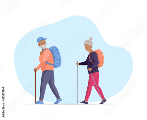 Happy elderly man woman healthy active lifestyle retiree for grandparents. Grandfather and grandmother with backpack on summer trip. Senior age people hiking and trekking couple sport tourist