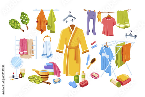 Collection of bathroom and bathhouse accessories. Set of hygiene and everyday washing body care
