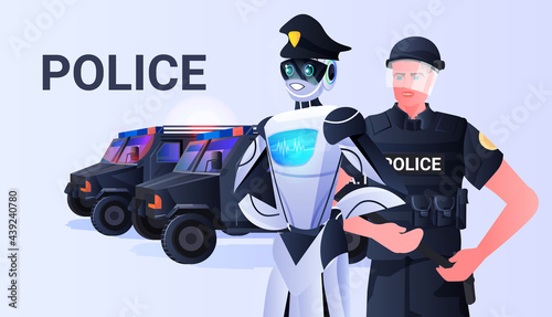 robot cop with patrol man riot police in uniform standing together artificial intelligence technology concept