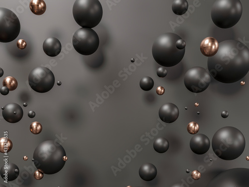 Black and gold pearls fly in space. Matte and shiny glow sphere 3d balls are falling - render illustration. Abstract trendy stylish wallpaper background