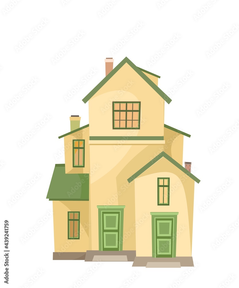 The house is simple cartoon. Cozy little rustic dwelling in a traditional European style. Cute yellow home. Isolated on white background. Vector