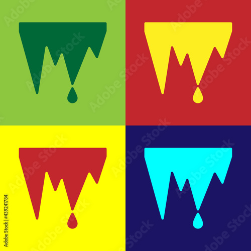 Pop art Icicle icon isolated on color background. Stalactite, ice spikes. Winter weather, snow crystals. Vector Illustration