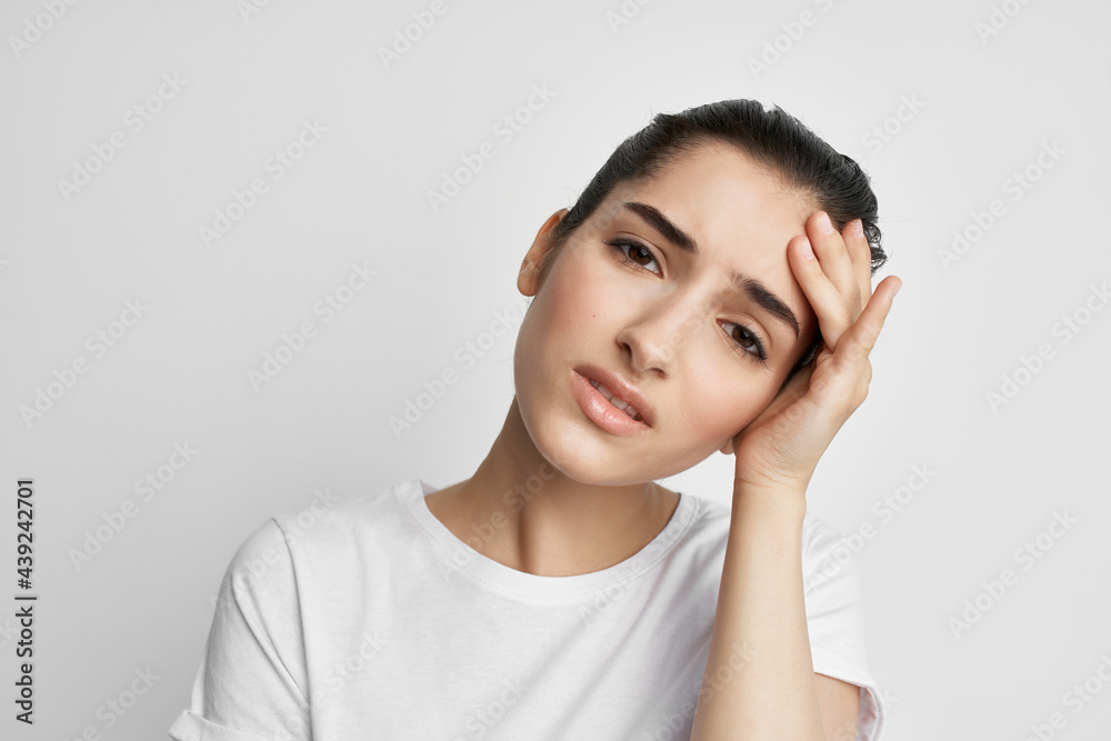 woman in white t-shirt health problem migraines health medicine treatment depression woman in white t-shirt health problem migraines health medicine treatment depression
