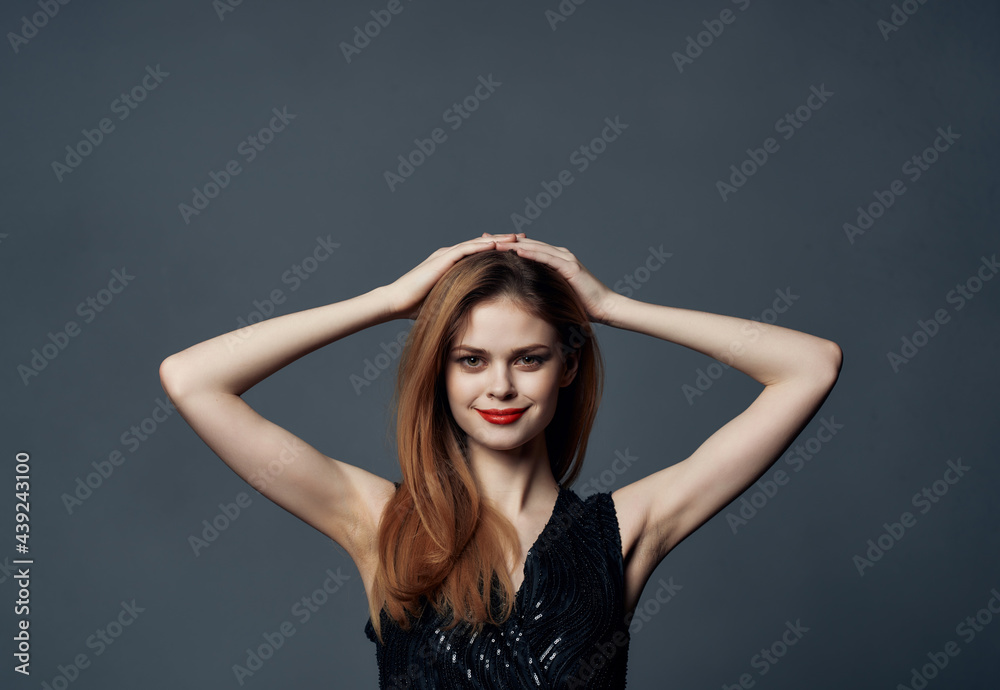pretty woman in black dress posing on dark background luxury pretty woman in black dress posing on dark background luxury