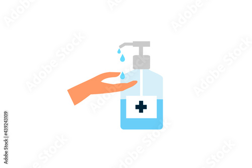 man's hand rubbing with medical alcohol hand gel sanitizer, vector illustration. concept of washing hands to prevent viruses and germs in hot issue is coronavirus spreading all the world