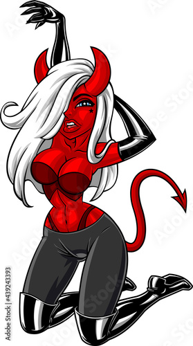 Sexy Red Devil Girl. Vector Hand Drawn Illustration Isolated On Transparent Background