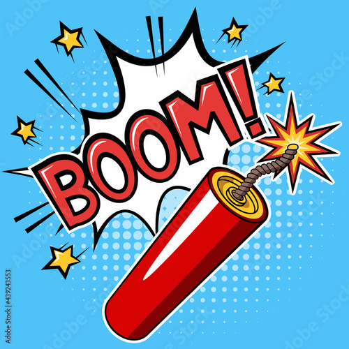 Dynamite stick or firecracker with a burning fuse and explosion with text BOOM on blue background photo