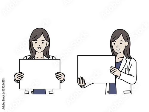 ボードを持つ医者　女医　薬剤師　カウンセラ　白衣を着た女性　説明　コピースペース　イラスト素材