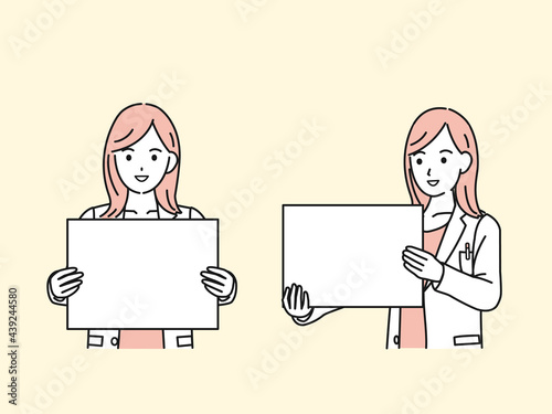 ボードを持つ医者　女医　薬剤師　カウンセラ　白衣を着た女性　説明　コピースペース　イラスト素材