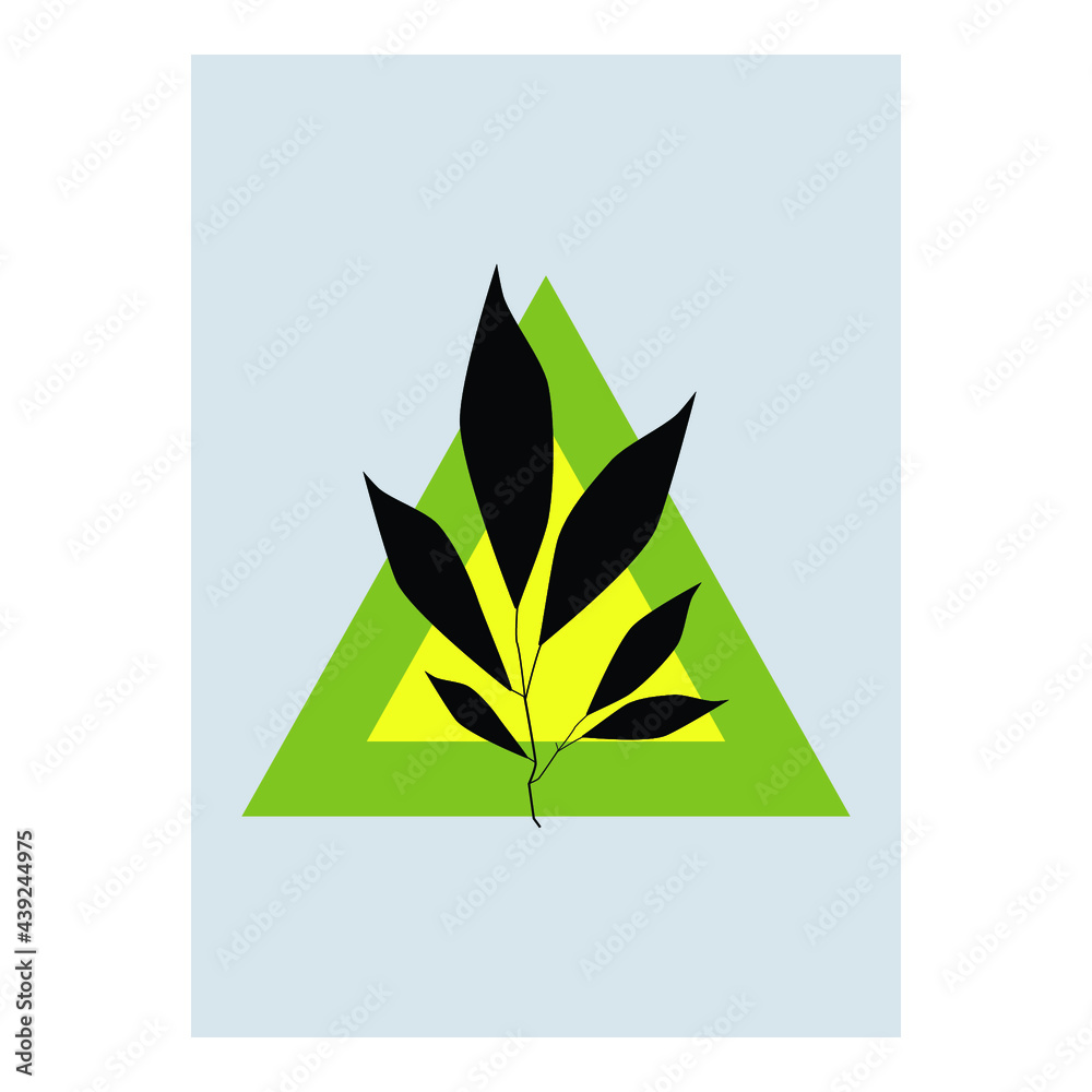 Leaf on green triangle minimalist posters with abstract organic shapes composition in trendy contemporary collage style, Hand painted pastel color for social media stories, branding, banner.
