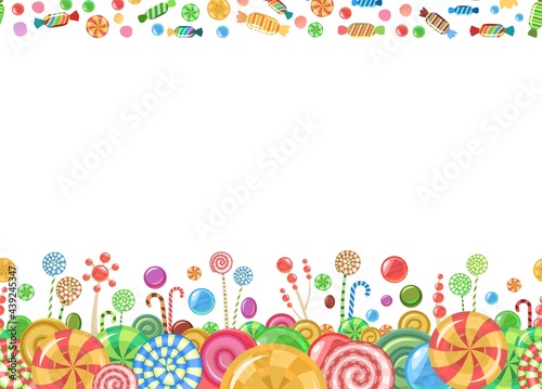 Sweets and scattered. Frame. Assorted lollipop dessert interspersed. Candy caramel with stick. Seamless border. Flat Background illustration. Vector